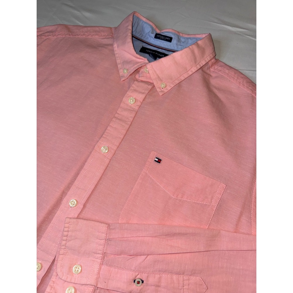 Tommy Hilfiger Mens XL Pink Cotton Linen Custom Fit Button Down Shirt 78B1045